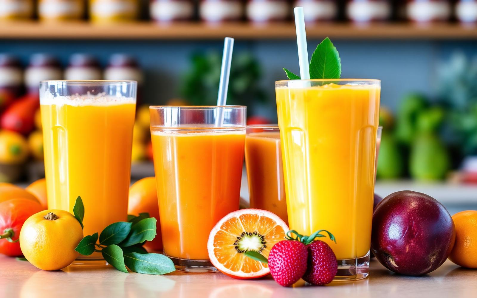 Fresh-squeezed juices and smoothies with whole fruit