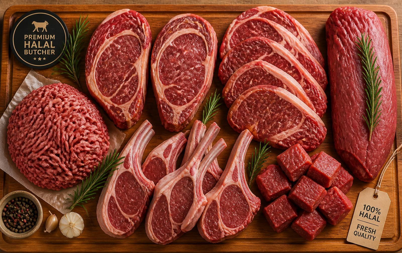Premium Zabiha halal meat cuts on a wooden board
