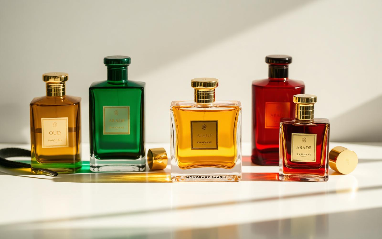 Luxury Arabic perfume bottles in amber, green and red glass with gold caps